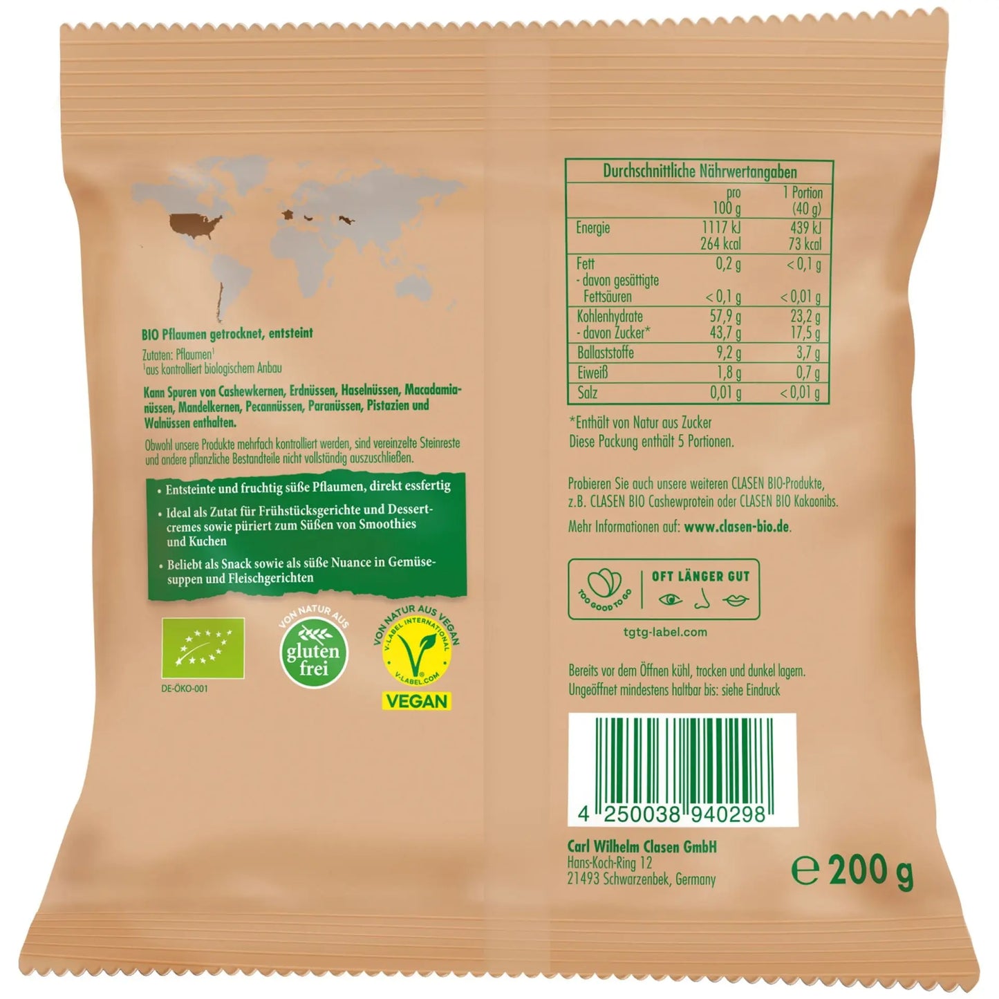 Rückseite der Verpackung Bio-Pflaumen 200 g von CLASEN BIO – mit Zutatenliste, Nährwertangaben und Produktinformationen