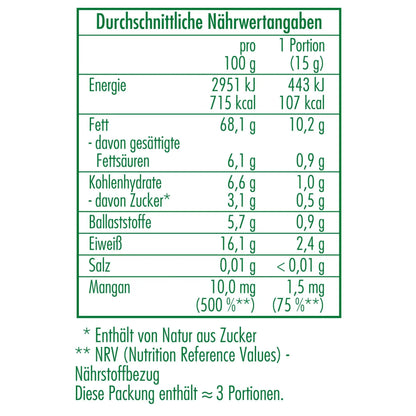 Nährwertangaben der Bio-Pinienkerne 50 g von CLASEN BIO