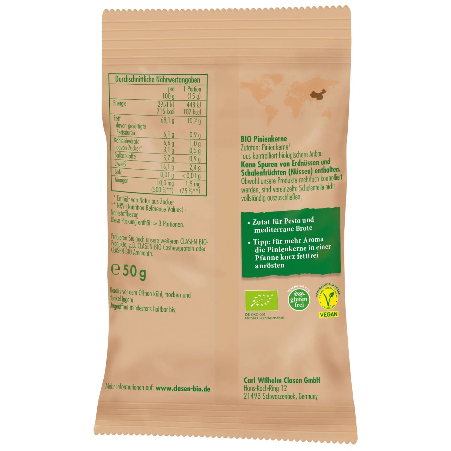 Rückseite der Verpackung Bio-Pinienkerne 50 g von CLASEN BIO – mit Zutatenliste, Nährwertangaben und Produktinformationen