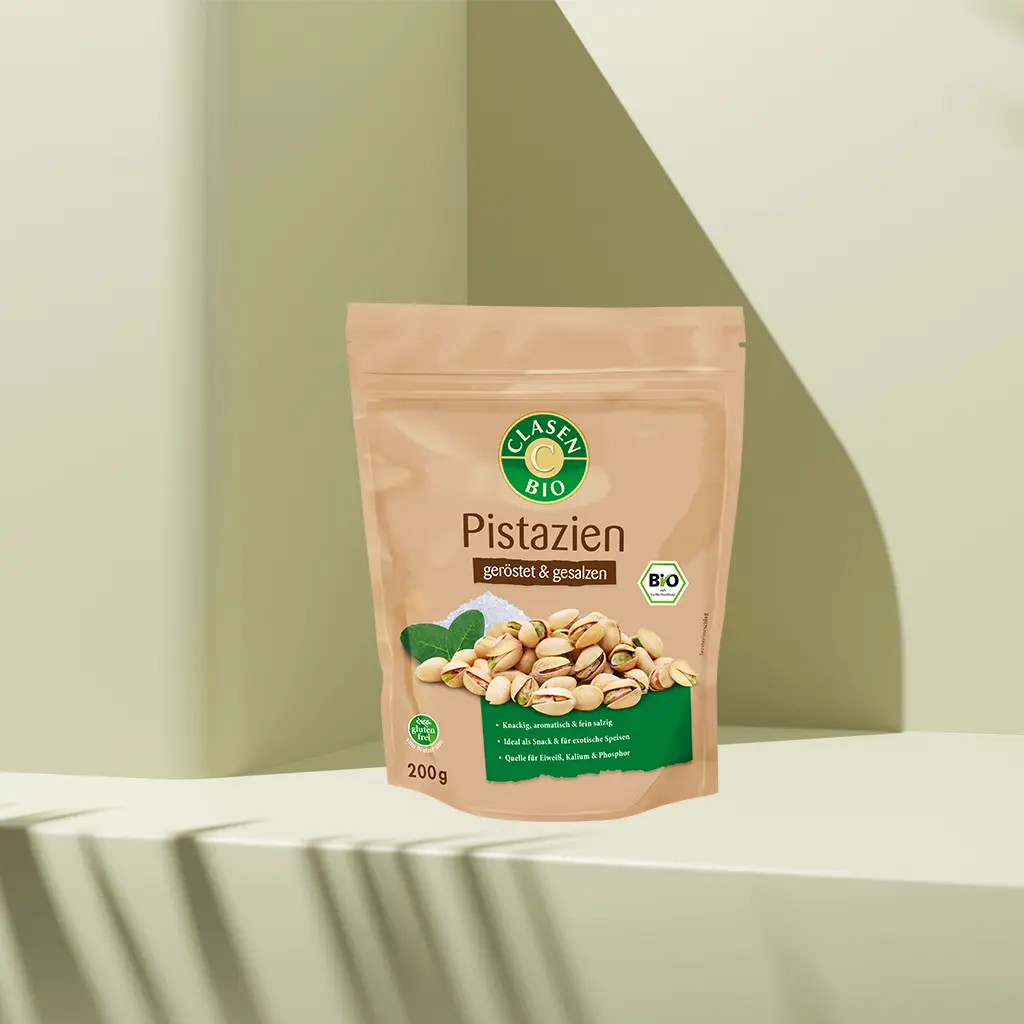 Verpackung Bio-Pistazien geröstet und gesalzen 200 g von CLASEN BIO – aromatische Pistazien in Schale in Beutel