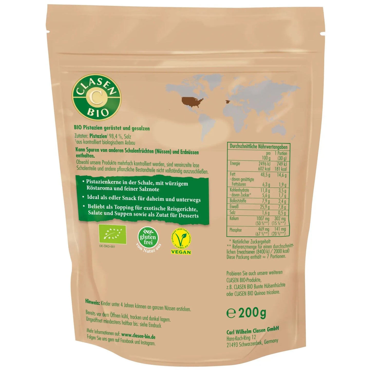 Rückseite der Verpackung Bio-Pistazien geröstet und gesalzen 200 g von CLASEN BIO – mit Zutatenliste, Nährwertangaben und Produktinformationen