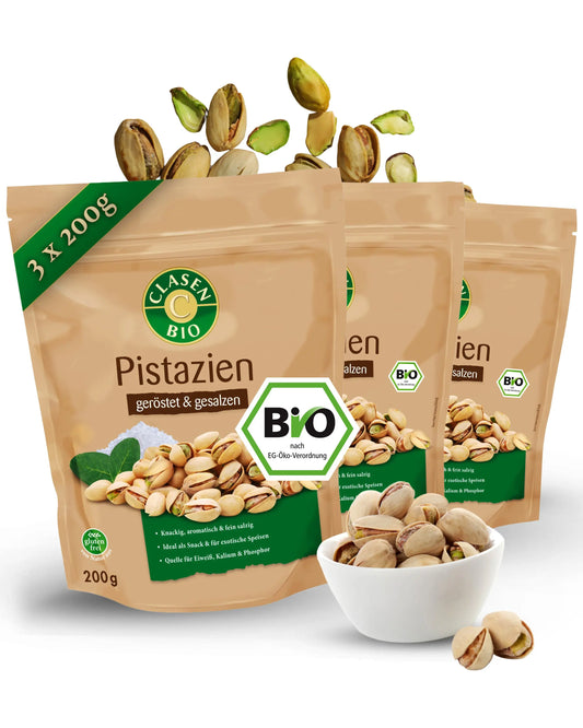 3x Bio Pistazien (geröstet und gesalzen) Clasen Organic Foods