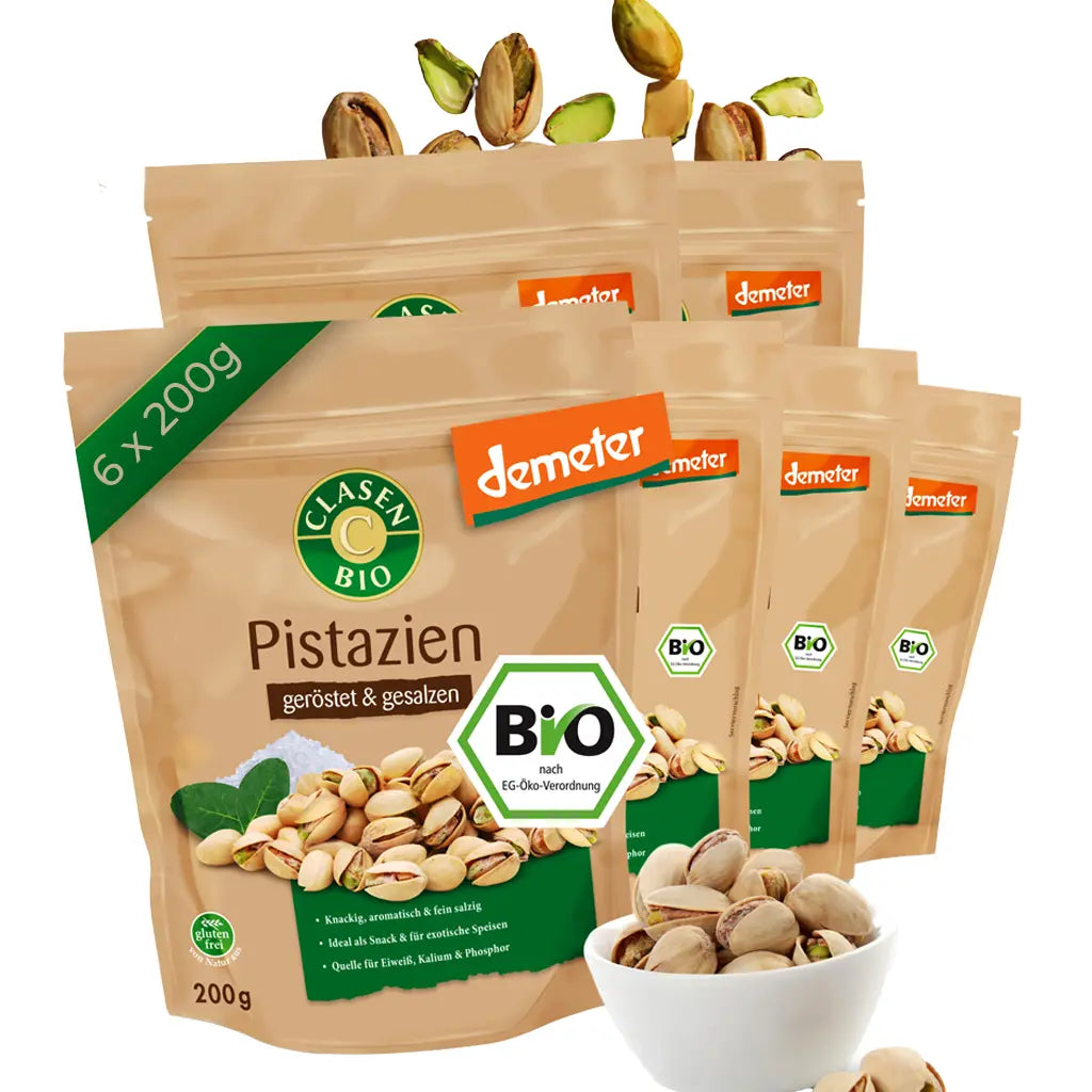 6x Bio Pistazien (geröstet und gesalzen) in Demeter Qualität Clasen Bio