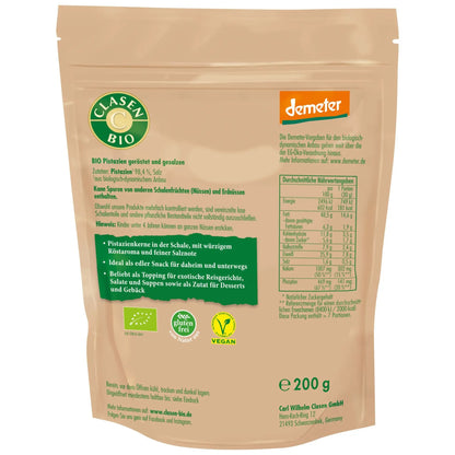 Rückseite der Verpackung Bio-Pistazien geröstet und gesalzen in Demeter Qualität 200 g von CLASEN BIO – mit Zutatenliste, Nährwertangaben und Produktinformationen