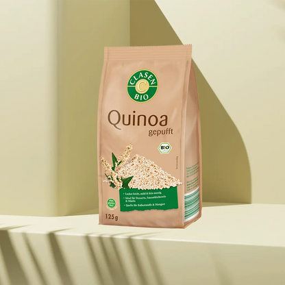 Verpackung Bio-Quinoa gepufft 125 g von CLASEN BIO – knusprige, luftige Quinoakörner für Müslis und Snacks in Beutel
