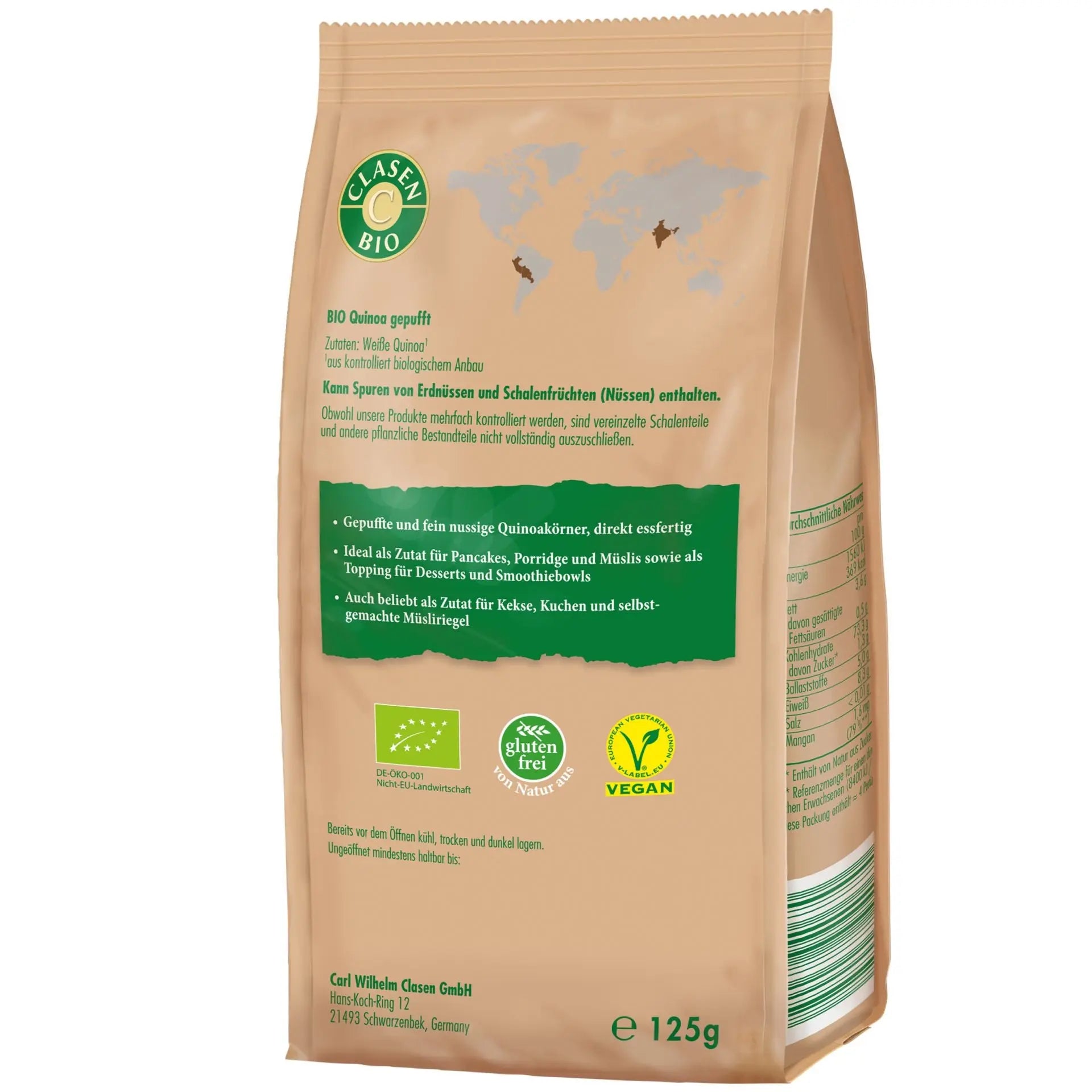 Rückseite der Verpackung Bio-Quinoa gepufft 125 g von CLASEN BIO – mit Zutatenliste, Nährwertangaben und Produktinformationen