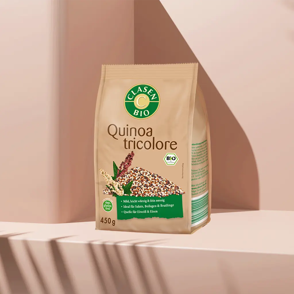 Verpackung Bio-Quinoa Tricolore 450 g von CLASEN BIO – bunter Mix aus weißer, roter und schwarzer Quinoa in Beutel