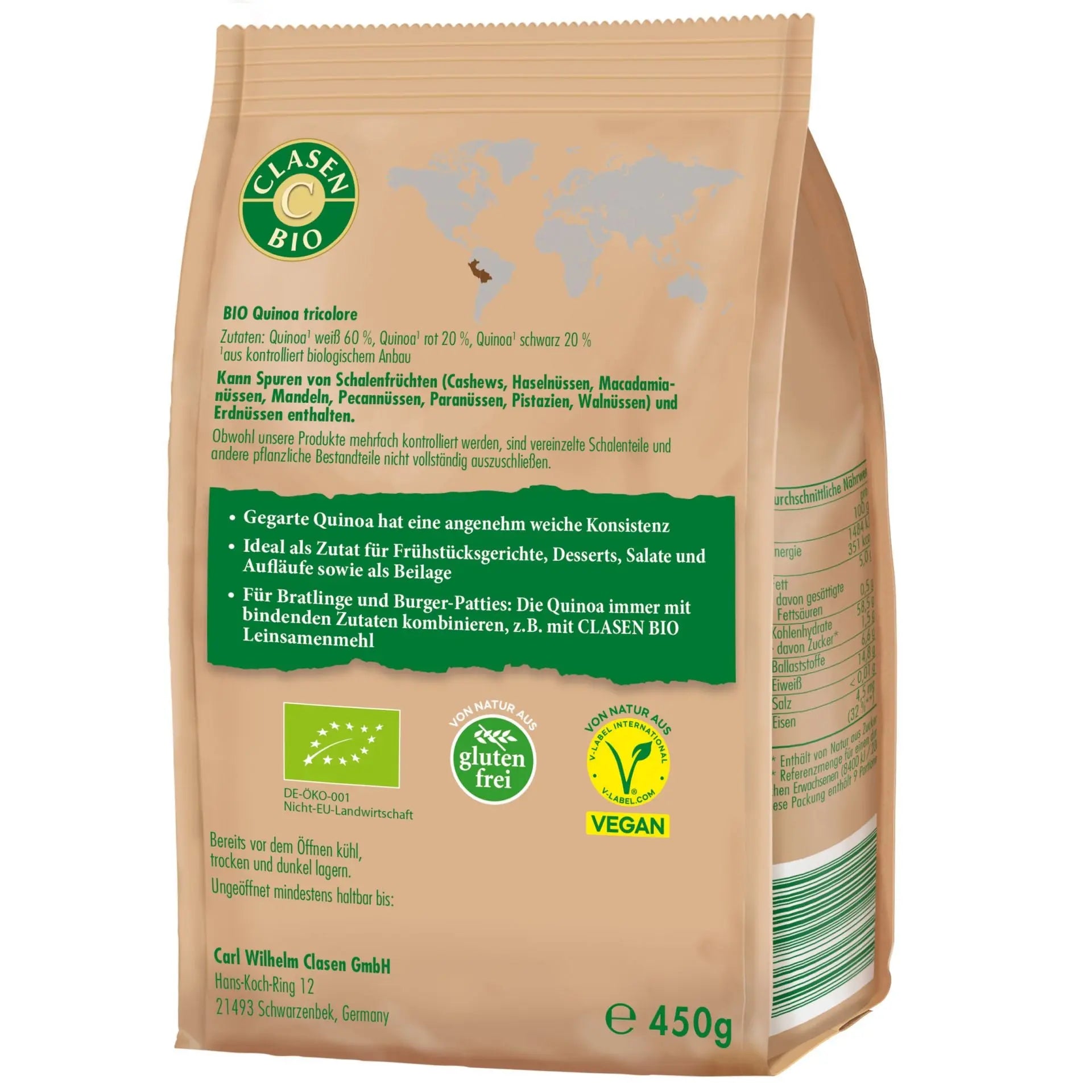 Rückseite der Verpackung Bio-Quinoa Tricolore 450 g von CLASEN BIO – mit Zutatenliste, Nährwertangaben und Produktinformationen