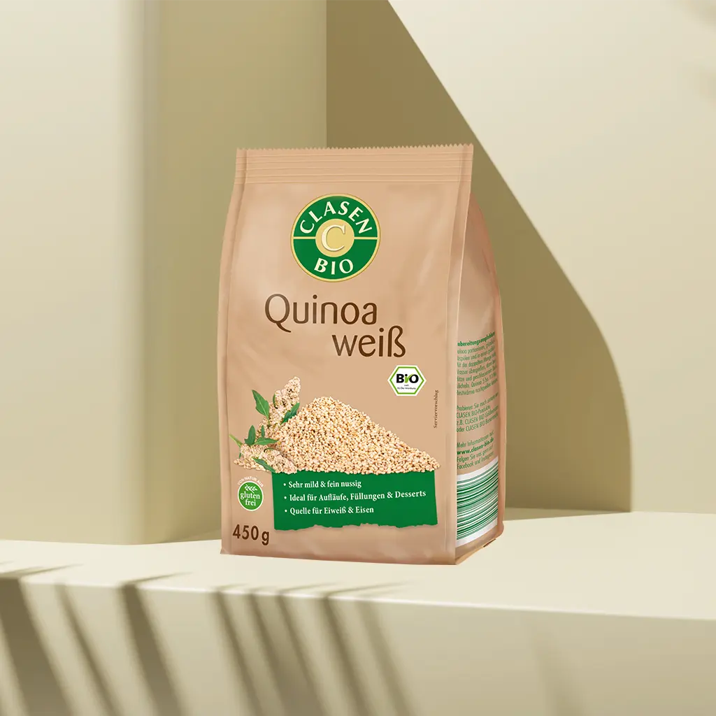 Verpackung Bio-Quinoa weiß 450 g von CLASEN BIO – mild-nussige Körner mit hohem Eiweißgehalt in Beutel