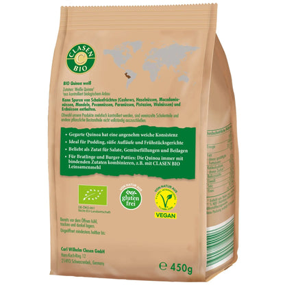 Rückseite der Verpackung Bio-Quinoa weiß 450 g von CLASEN BIO – mit Zutatenliste, Nährwertangaben und Produktinformationen