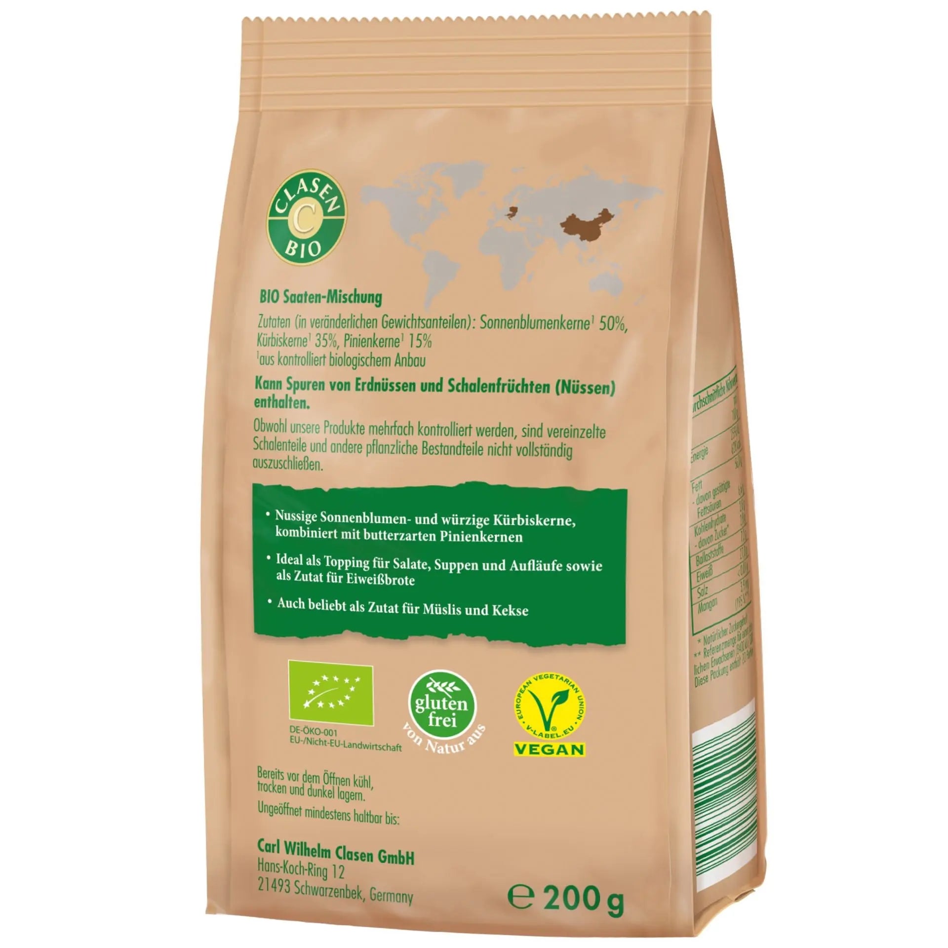 Rückseite der Verpackung Bio-Salatkerne-Mix 200 g von CLASEN BIO – mit Zutatenliste, Nährwertangaben und Produktinformationen