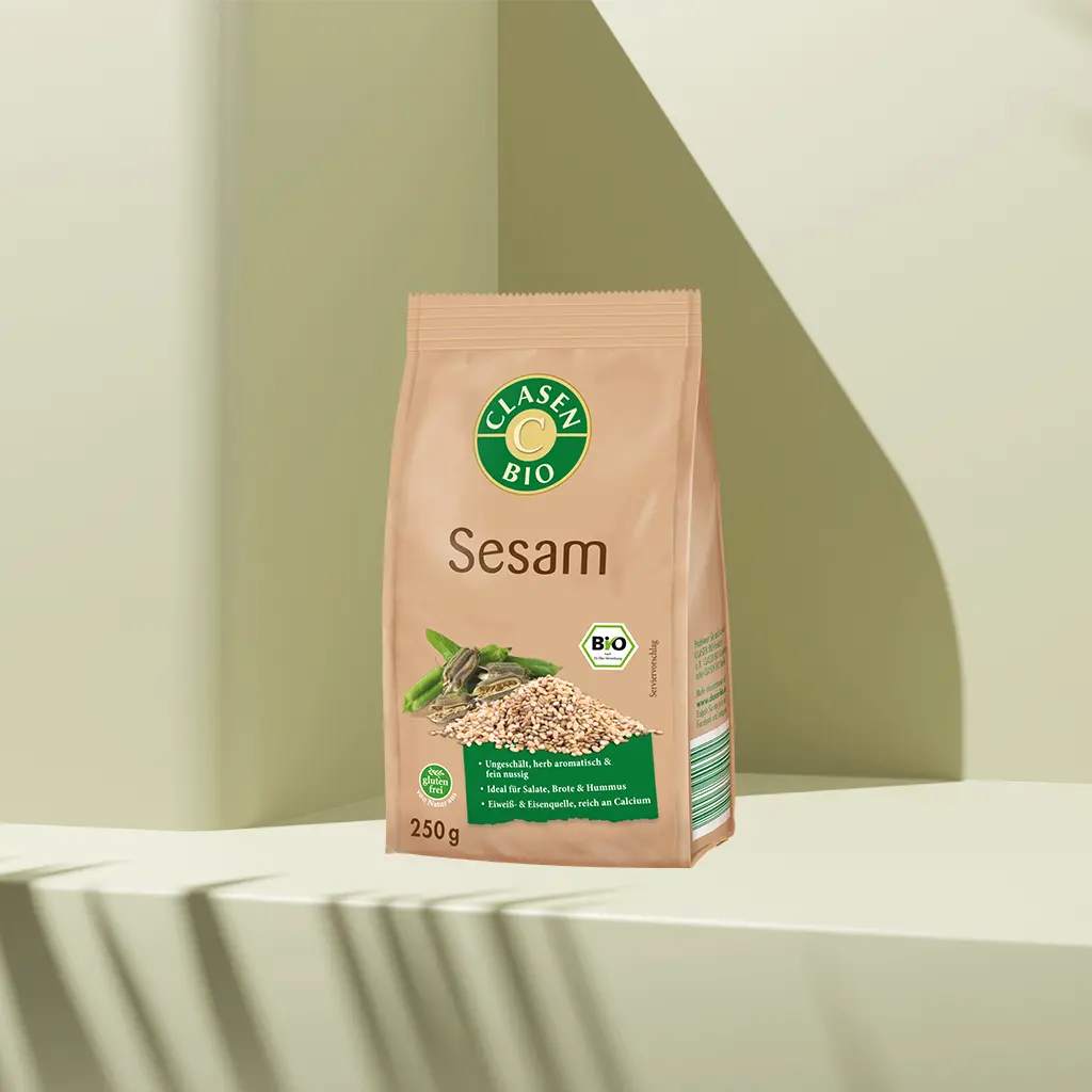 Verpackung Bio-Sesam 250 g von CLASEN BIO – naturbelassener, ungeschälter Sesam in Beutel