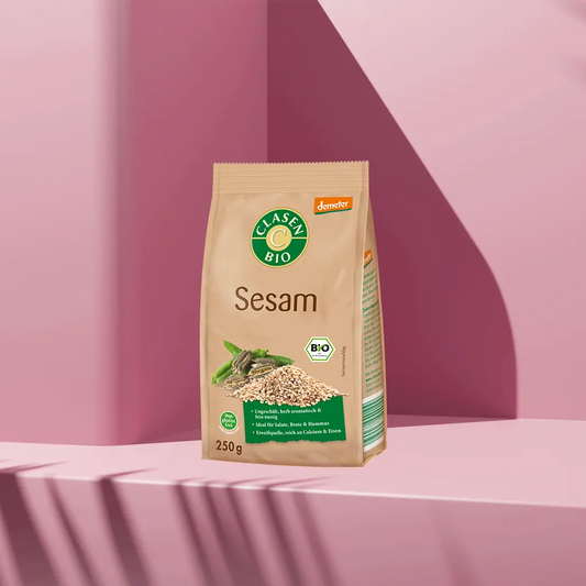 Verpackung Bio-Sesam in Demeter Qualität 250 g von CLASEN BIO, feine, naturbelassene Sesamsamen aus biodynamischem Anbau.