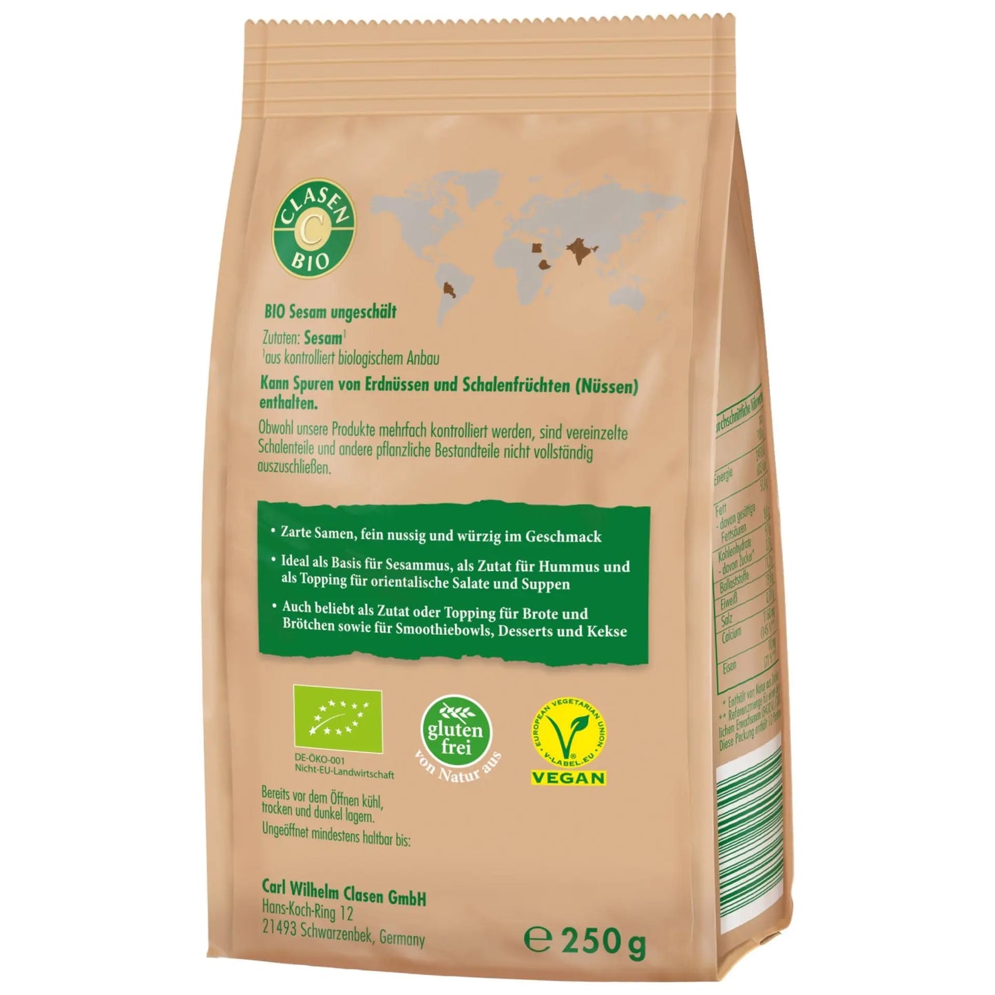 Rückseite der Verpackung Bio-Sesam 250 g von CLASEN BIO – mit Zutatenliste, Nährwertangaben und Produktinformationen