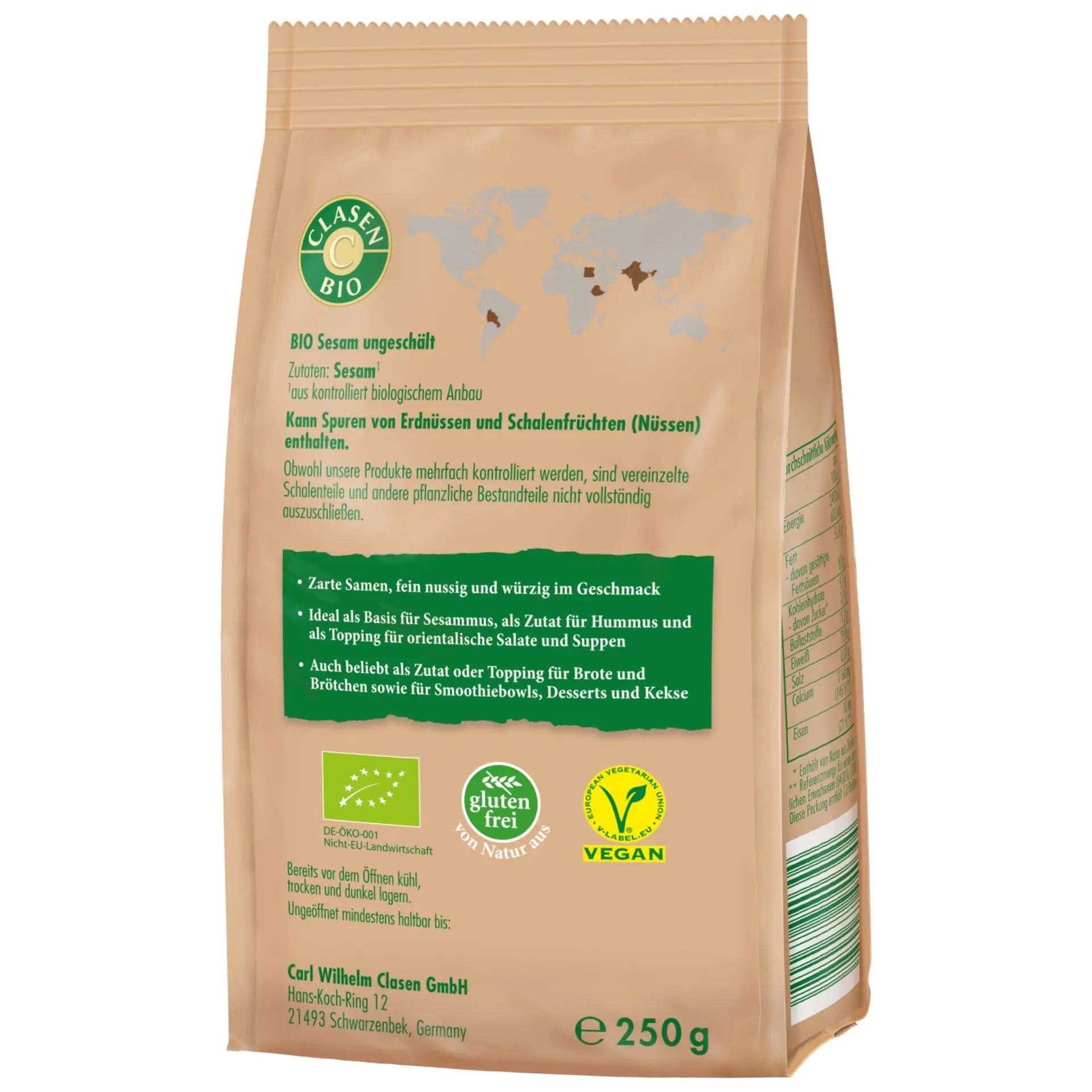 Rückseite der Verpackung Bio-Sesam 250 g von CLASEN BIO – mit Zutatenliste, Nährwertangaben und Produktinformationen