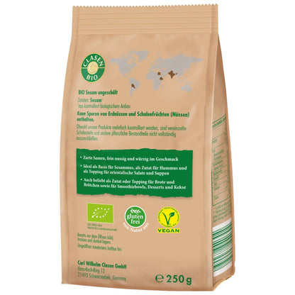 Rückseite der Verpackung Bio-Sesam 250 g von CLASEN BIO – mit Zutatenliste, Nährwertangaben und Produktinformationen