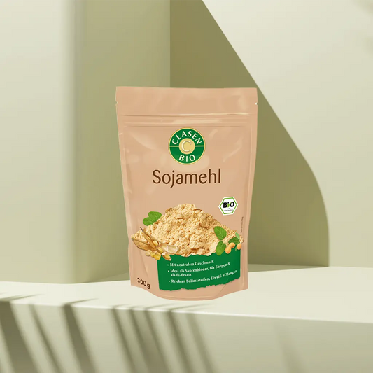 Verpackung Bio-Sojabohnenmehl 300 g von CLASEN BIO – eiweißreiches Mehl aus ganzen Sojabohnen in Beutel