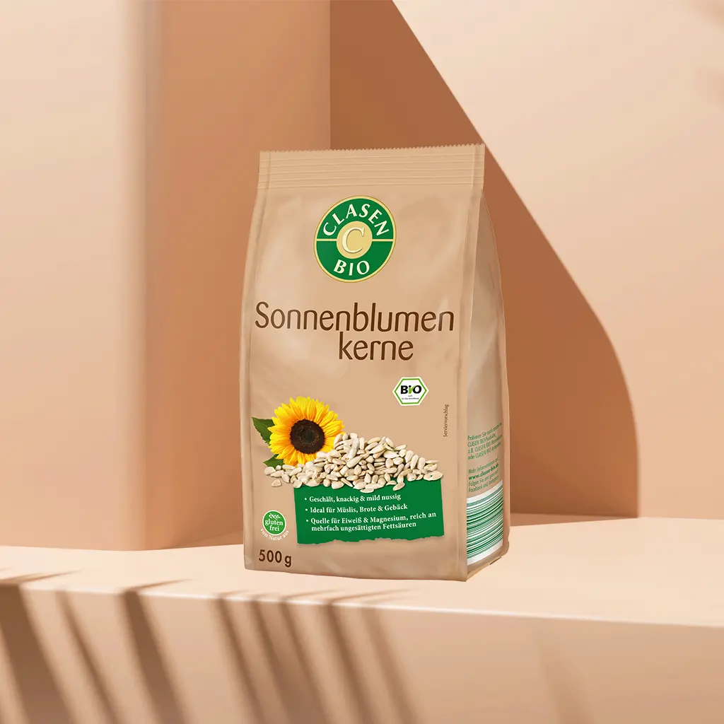 Verpackung Bio-Sonnenblumenkerne 500 g von CLASEN BIO – vielseitige Kerne mit mildem Geschmack in Beutel