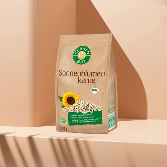 Verpackung Bio-Sonnenblumenkerne 500 g von CLASEN BIO – vielseitige Kerne mit mildem Geschmack in Beutel