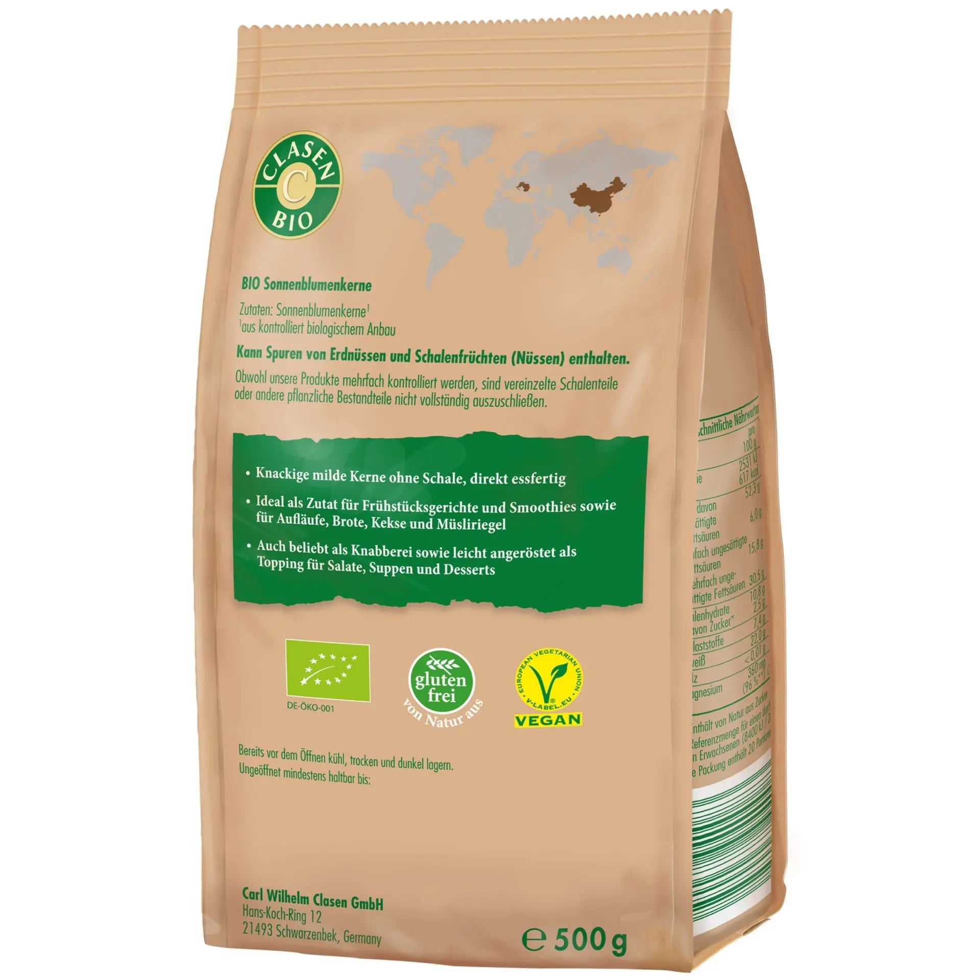 Rückseite der Verpackung Bio-Sonnenblumenkerne 500 g von CLASEN BIO – mit Zutatenliste, Nährwertangaben und Produktinformationen
