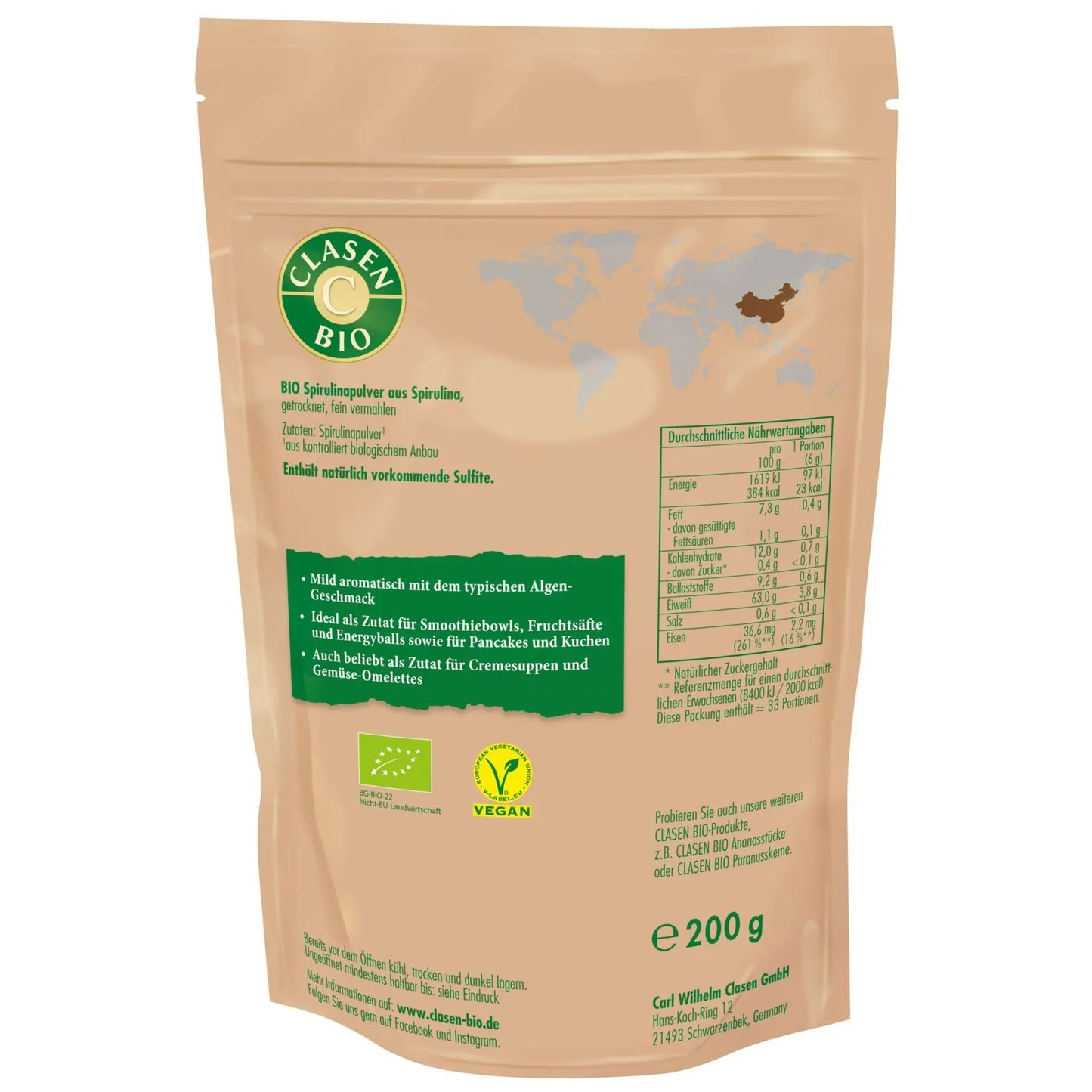 Rückseite der Verpackung Bio-Spirulina Pulver 200 g von CLASEN BIO – mit Zutatenliste, Nährwertangaben und Produktinformationen
