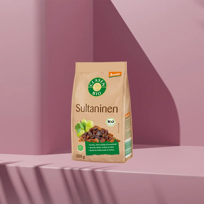 Packung Clasen Bio Sultaninen Demeter, 200 g, auf hellem Hintergrund