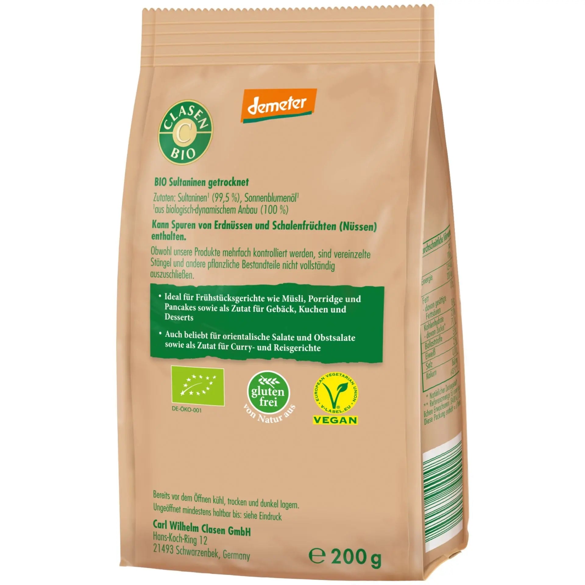 Rückseite der Verpackung Bio-Sultaninen in Demeter Qualität 200 g von CLASEN BIO – mit Zutatenliste, Nährwertangaben und Produktinformationen