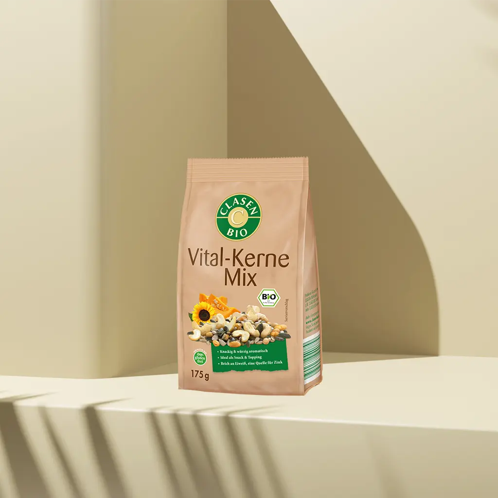 Verpackung Bio-Vital-Kernemix 175 g von CLASEN BIO – ausgewogener Mix aus Sonnenblumen-, Kürbis- und Pinienkernen im Beutel