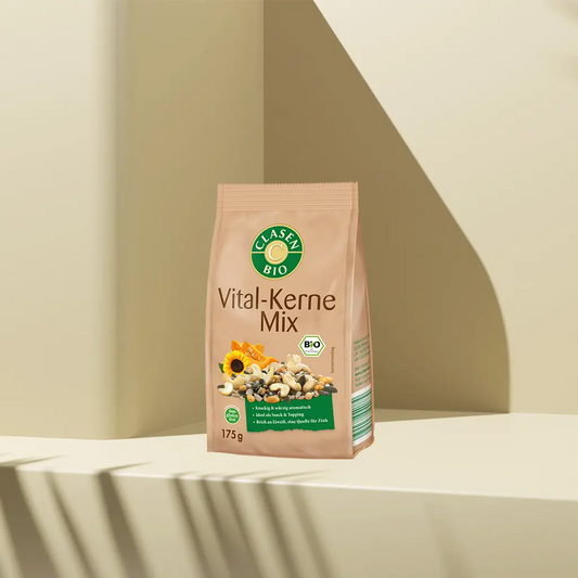 Verpackung Bio-Vital-Kernemix 175 g von CLASEN BIO – ausgewogener Mix aus Sonnenblumen-, Kürbis- und Pinienkernen im Beutel