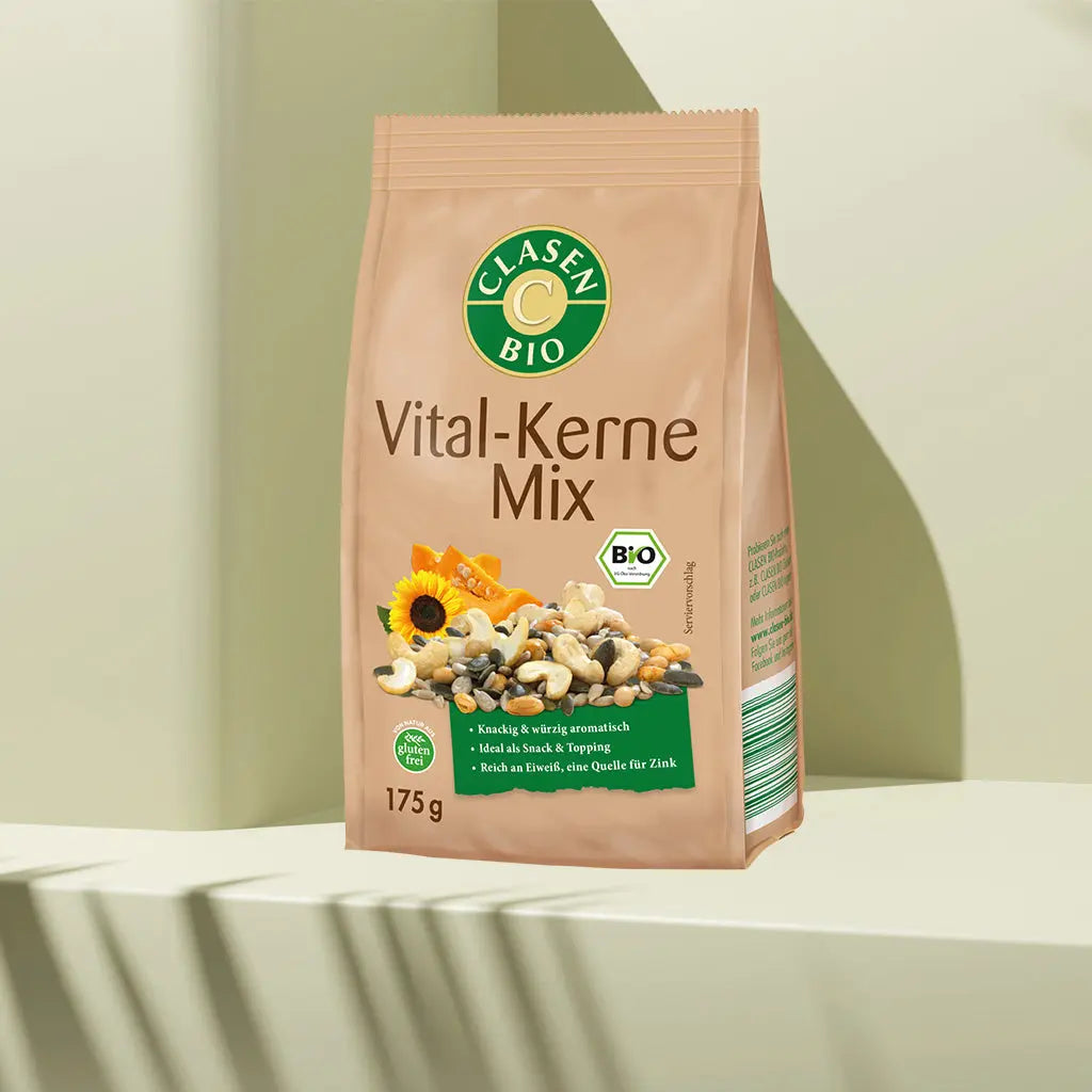 Verpackung Bio-Vital-Kernemix 175 g von CLASEN BIO – ausgewogener Mix aus Sonnenblumen-, Kürbis- und Pinienkernen im Beutel