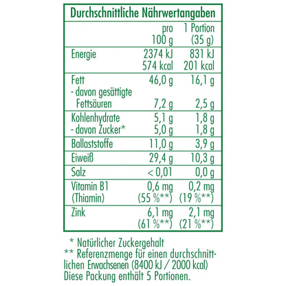 Nährwertangaben der Bio-Vital-Kernemix 175 g von CLASEN BIO – reich an pflanzlichem Eiweiß, Ballaststoffen und gesunden Fetten, perfekt als Topping oder Snack