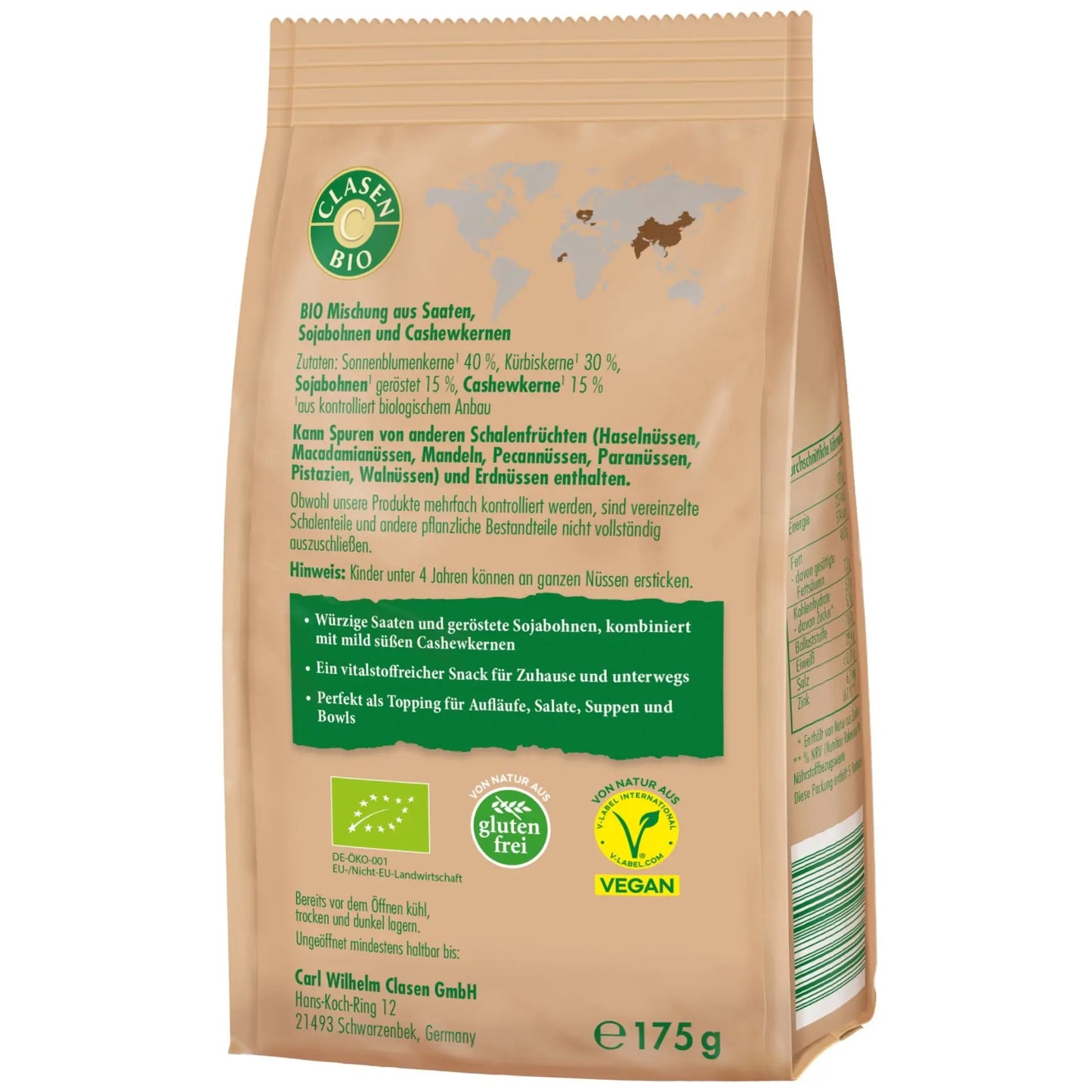 Rückseite der Verpackung Bio-Vital-Kernemix 175 g von CLASEN BIO – mit Zutatenliste, Nährwertangaben und Produktinformationen
