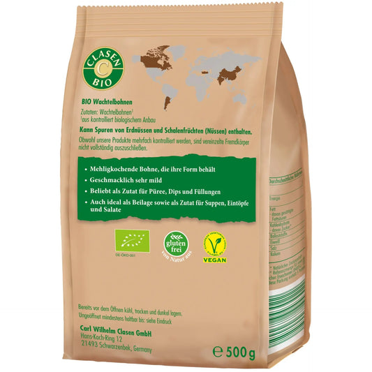 Rückseite der Verpackung Bio-Wachtelbohnen 500 g von CLASEN BIO – mit Zutatenliste, Nährwertangaben und Produktinformationen