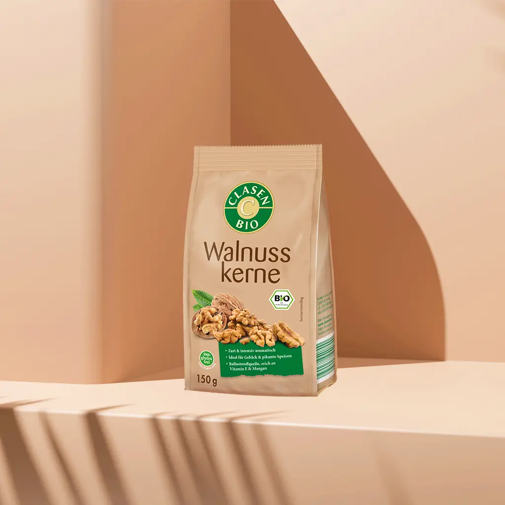 Verpackung Bio-Walnüsse 150 g von CLASEN BIO – knackige, geschälte Walnusskerne in Beutel