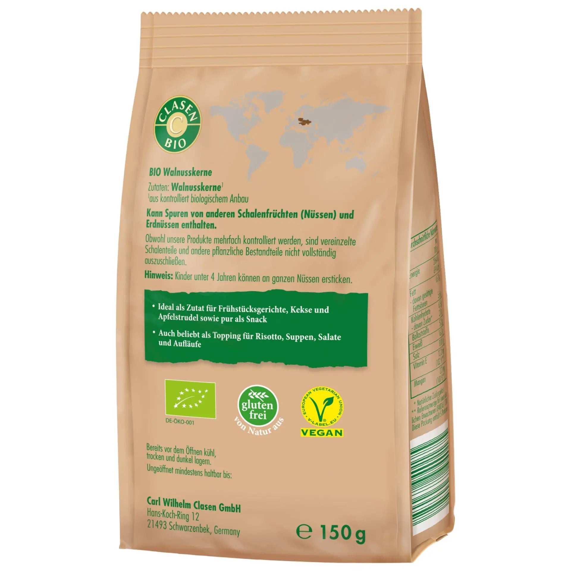 Rückseite der Verpackung Bio-Walnüsse 150 g von CLASEN BIO – mit Zutatenliste, Nährwertangaben und Produktinformationen