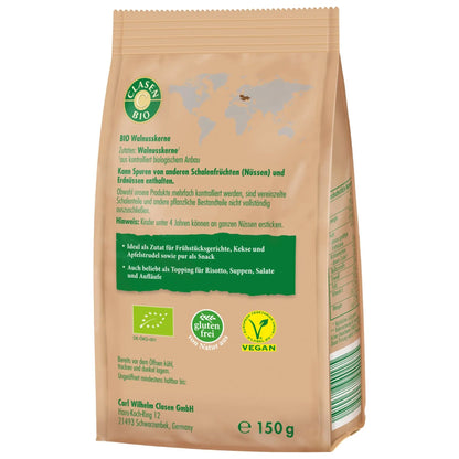 Rückseite der Verpackung Bio-Walnüsse 150 g von CLASEN BIO – mit Zutatenliste, Nährwertangaben und Produktinformationen