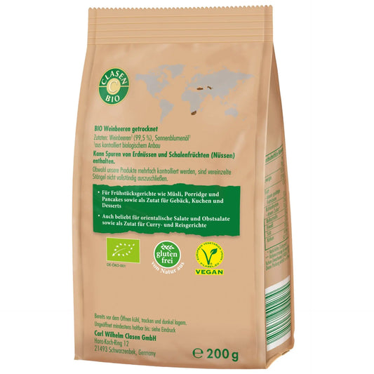 Rückseite der Verpackung Bio-Rosinen 200 g von CLASEN BIO – mit Zutatenliste, Nährwertangaben und Produktinformationen