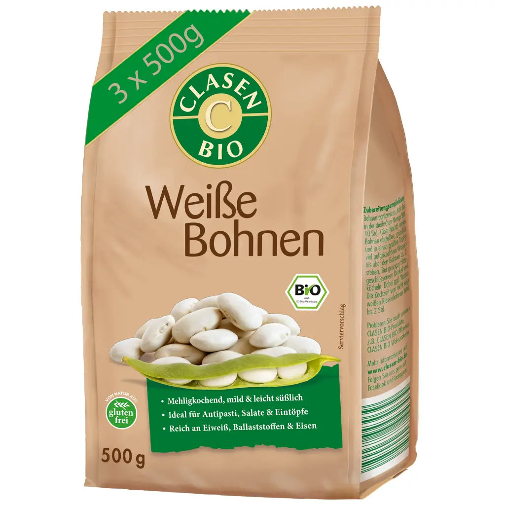 3x Bio Weiße Bohnen 500g Clasen Bio