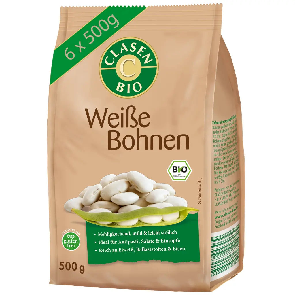 6x Bio Weiße Bohnen 500g Clasen Bio