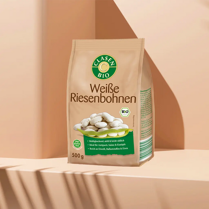 Verpackung Bio-Weiße Bohnen 500 g von CLASEN BIO – cremige, proteinreiche Hülsenfrüchte in Beutel