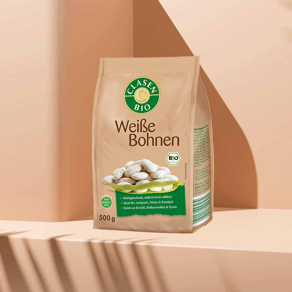 Verpackung Bio-Weiße Bohnen 500 g von CLASEN BIO – cremige, proteinreiche Hülsenfrüchte in Beutel