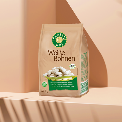 Verpackung Bio-Weiße Bohnen 500 g von CLASEN BIO – cremige, proteinreiche Hülsenfrüchte in Beutel