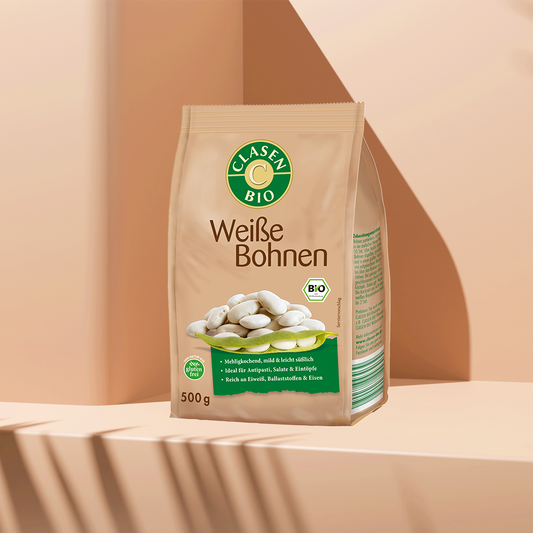 Verpackung Bio-Weiße Bohnen 500 g von CLASEN BIO – cremige, proteinreiche Hülsenfrüchte in Beutel
