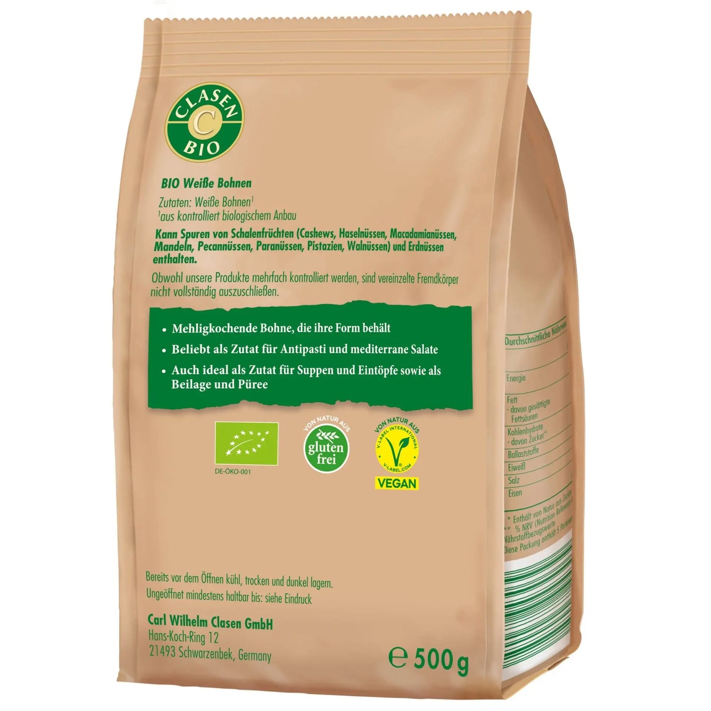 Rückseite der Verpackung Bio-Weiße Bohnen 500 g von CLASEN BIO – mit Zutatenliste, Nährwertangaben und Produktinformationen
