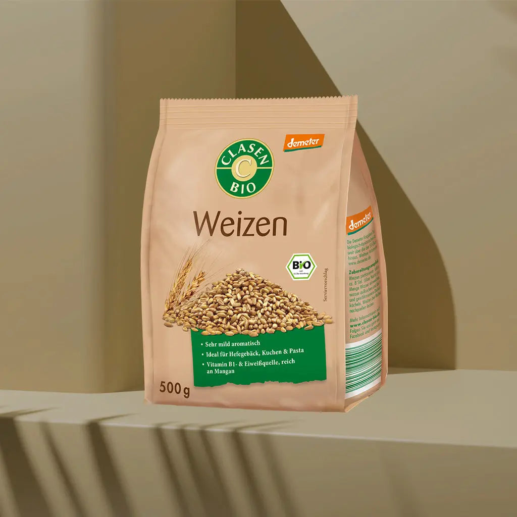 Verpackung Bio-Weizen in Demeter Qualität 500 g von CLASEN BIO – klassisches Getreide aus biodynamischem Anbau in Beutel
