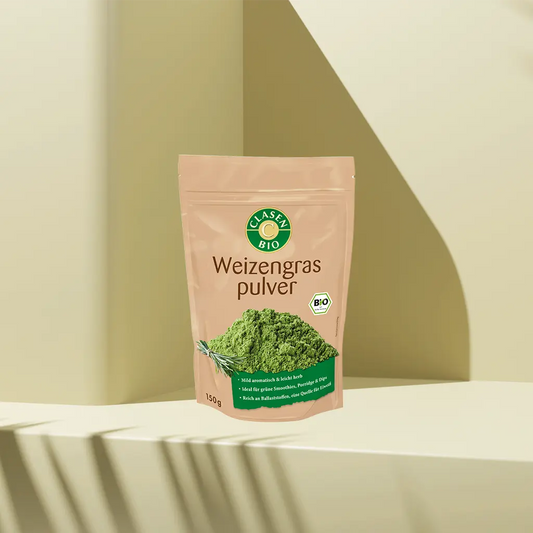 Verpackung Bio-Weizengraspulver 150 g von CLASEN BIO – fein vermahlenes Gras mit frischer, grüner Note in Beutel
