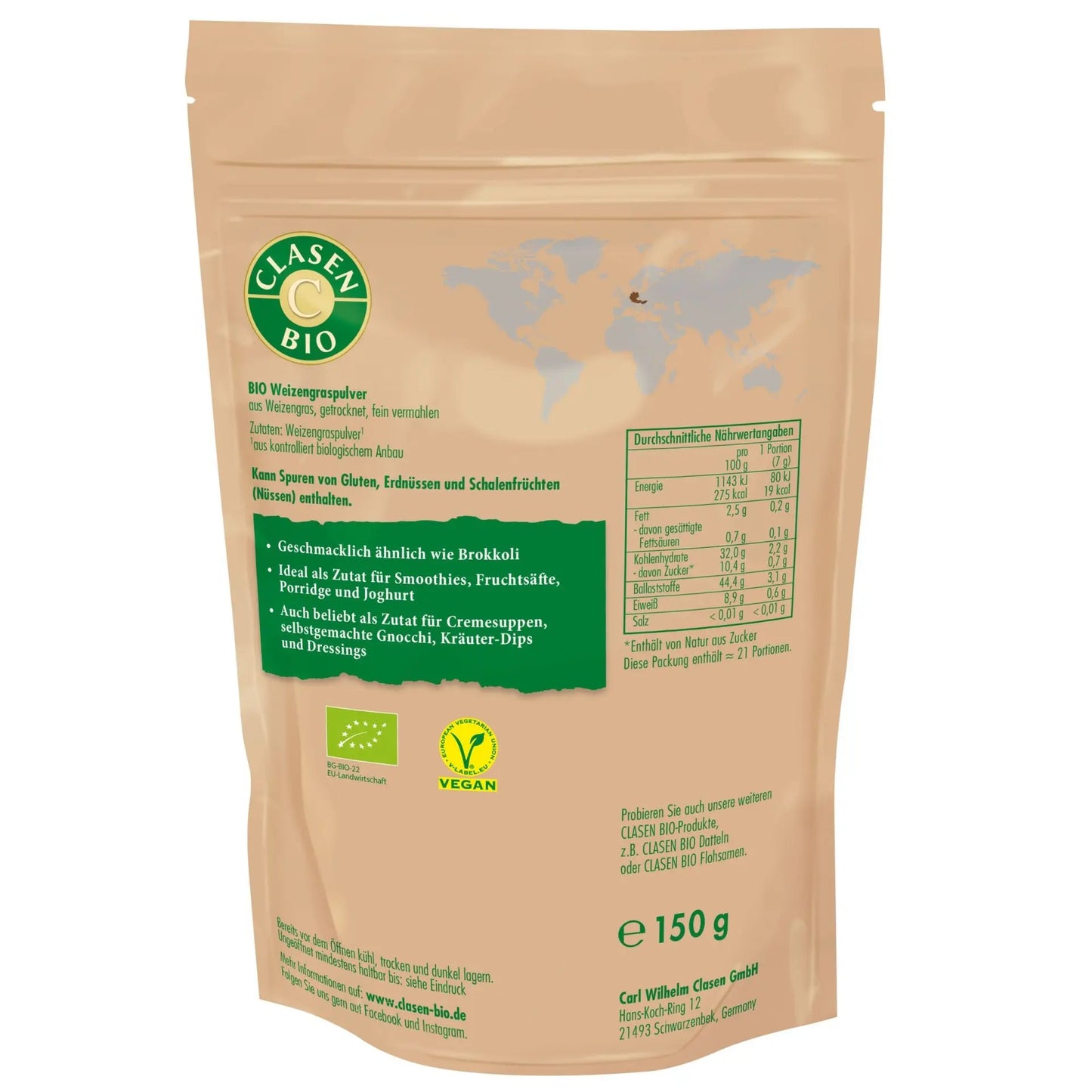 Rückseite der Verpackung Bio-Weizengraspulver 150 g von CLASEN BIO – mit Zutatenliste, Nährwertangaben und Produktinformationen