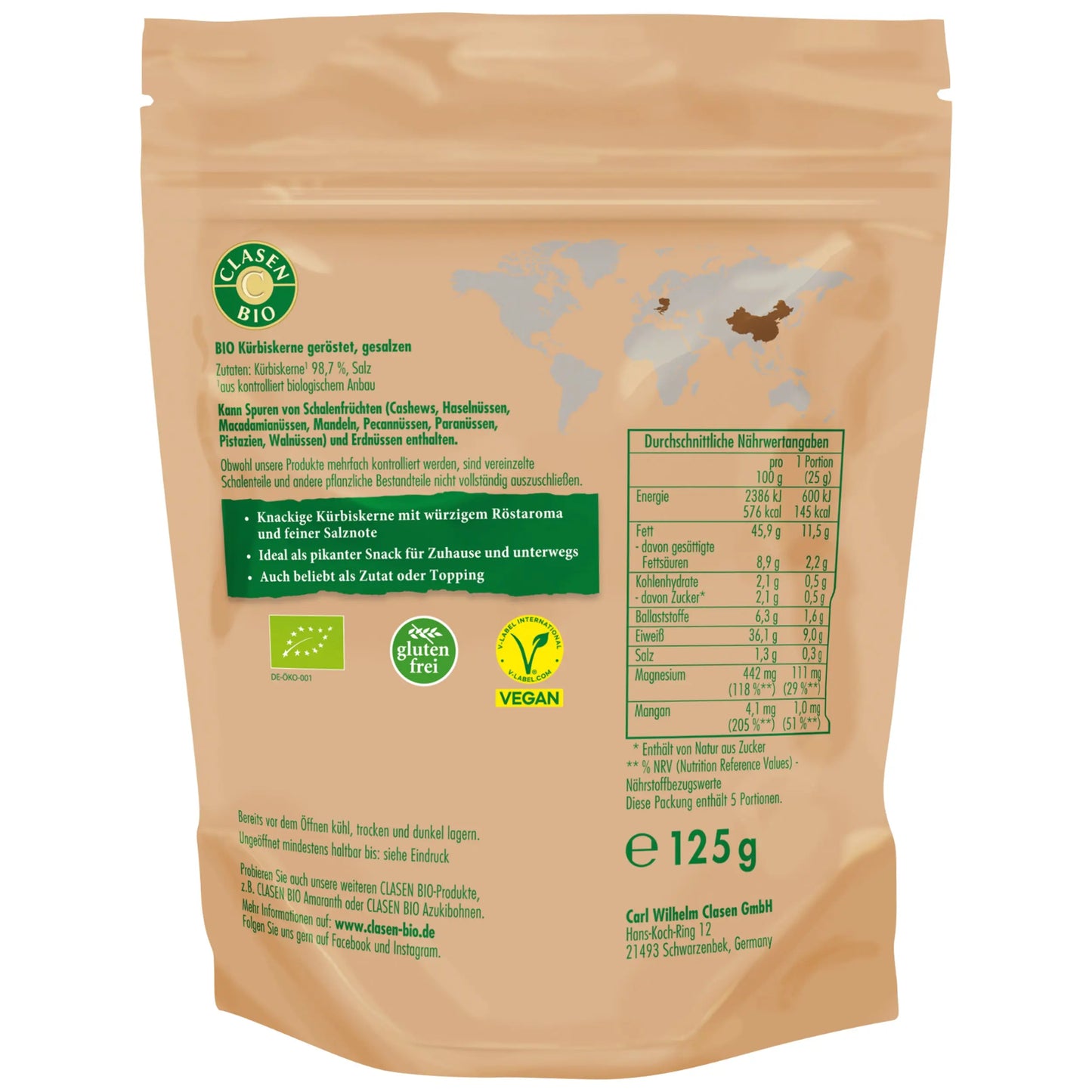Bio Kürbiskerne (geröstet und gesalzen) 125g Clasen Bio