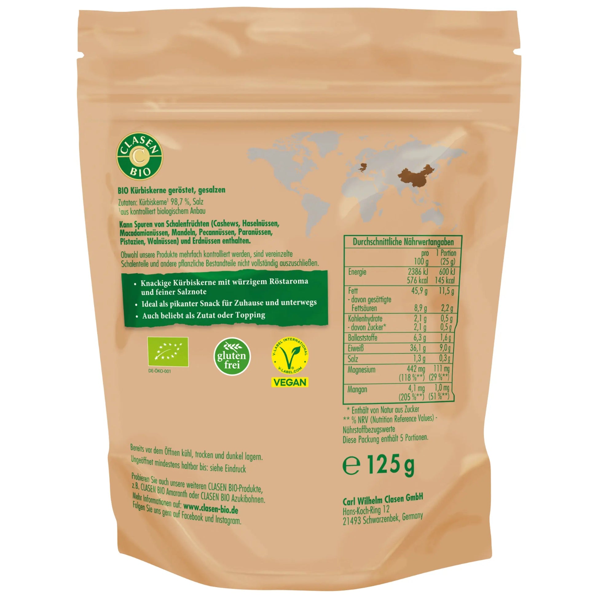 Bio Kürbiskerne (geröstet und gesalzen) 125g Clasen Bio